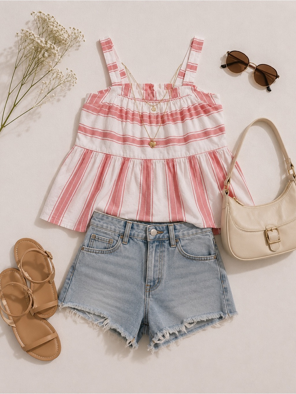 LOFT Red and White Striped Square-Neck Peplum Tank